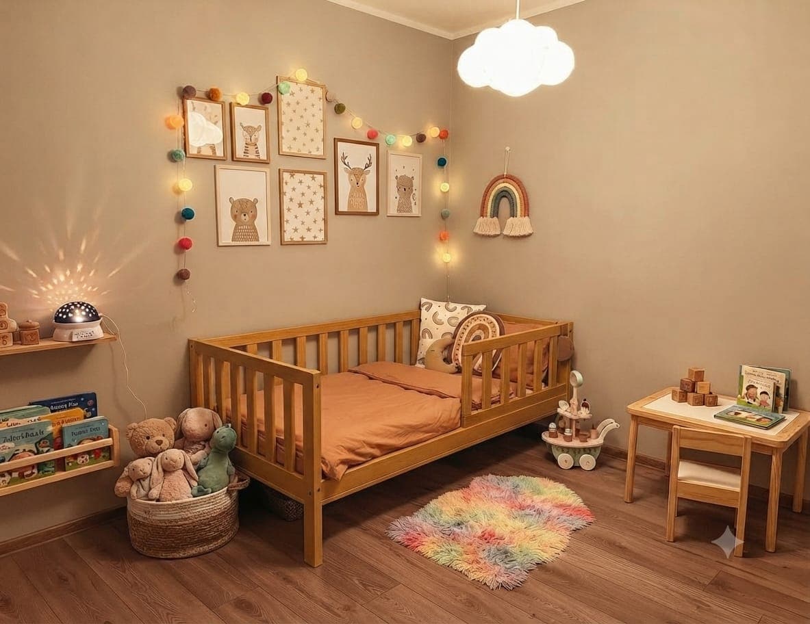 Drewniane łóżko dziecięce z barierkami w przytulnym pokoju