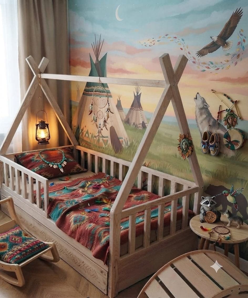 Drewniane łóżko tipi na tle fototapety z namiotami i orłem